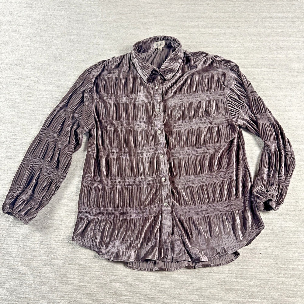 Boho Crinkle Textured Blouse Shacket Taupe Button Front Oversized Women's S Bibi